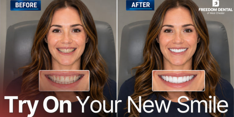 a side. by side before and after of a woman smiling after her new teeth